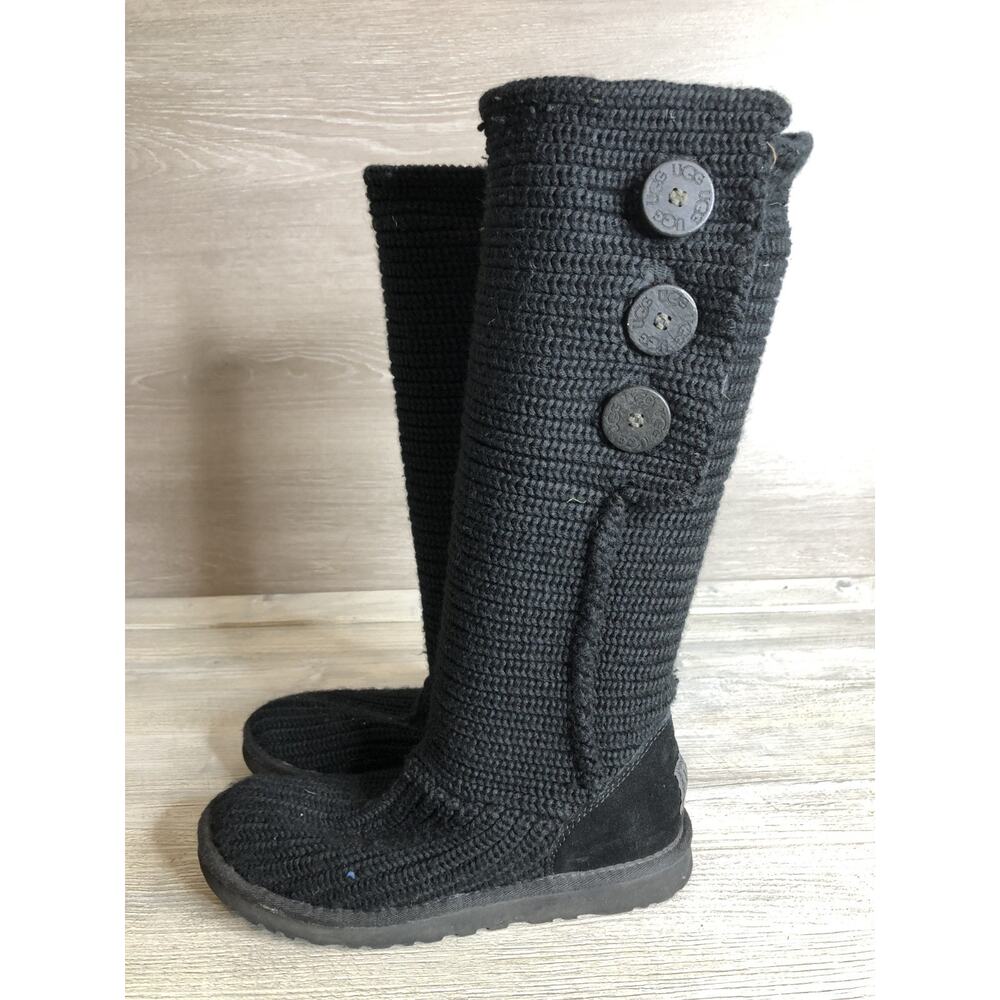 UGG Boots Women 8 Black Classic Cardy Knit Sweater Knee High Winter Boots 5819